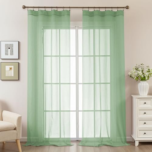 Image of Sage Green Sheer Curtains 108 Inches Extra Long, Privacy Semi Sheer Curtains for Living Room Bedroom, Light Filtering Rod Pocket Voile Window Drapes 2 Panels Set, Each 42 inch W x 108 inch L