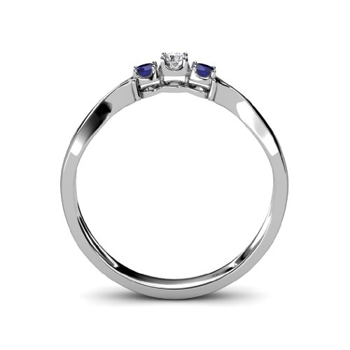 Blue Sapphire & Diamond 3 Stone Ring 0.16 Ctw In 14K White Gold.size 6.5 #TOP3