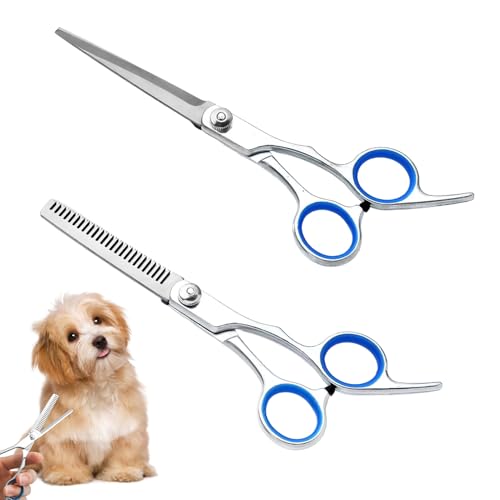 Stainless Steel Dog Grooming Scissors Set,2PCS Thinning Dog Scissors Grooming with Safety Round Tips,Pet Grooming Scissors for Dogs Cats(Blue)