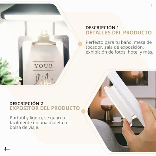 Lámpara de maquillaje LED portátil recargable por USB luces de espejo en plástico blanco para tocador 6