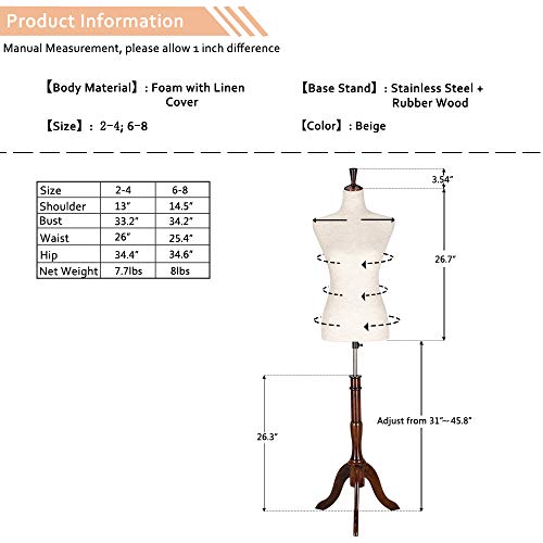 Bonnlo Upgraded Female Dress Form, Mannequin Torse Body With Adjustable Rubber Wood Stand For Dress Jewelry Display (White, 2-4) #TOP5