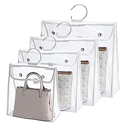 4 clear bags in different sizes with hooks covering purses.