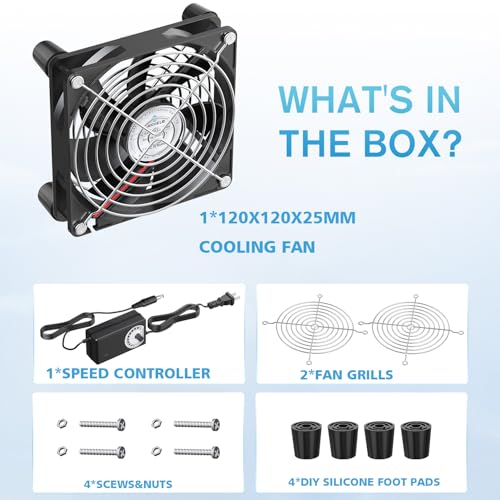 120mm Fan, DC 12V Computer Fan with AC Plug, Variable Speed Muffin Fan, AC110V 120V 220V 240V Speed Controller, 120x25mm Computer Case Fan for Small Box, Exhaust,RV Fridge, Cabinet,Green House, Xbox