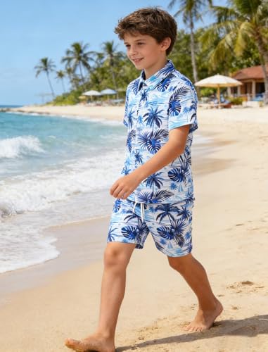 Image of UNICOMIDEA Boys Hawaiian Outfits Tropical Print Button Down Shirt + Swim Trunks 2 Piece Sets for 5-12T Kids