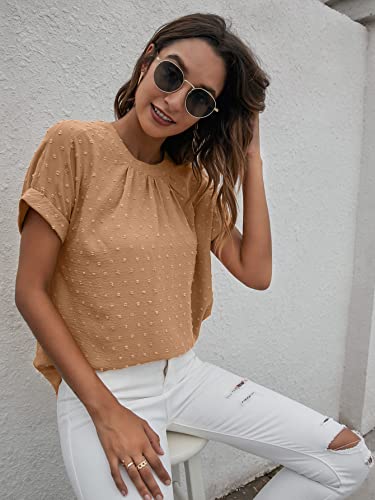 Romwe Women's Casual Swiss Dots Short Sleeve Work Blouse Top Shirt Khaki S #TOP3