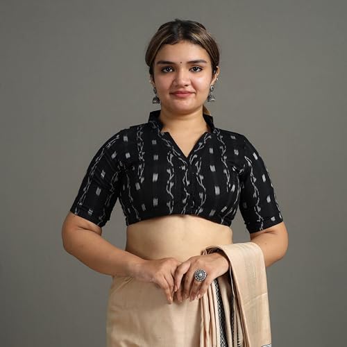 Image of Elegant Odisha Ikat Unstitched Cotton Blouse Piece Black