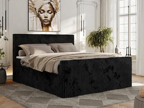 MKS MEBLE Boxspringbett Cord 180x200, Polsterbett Bett Cord, Boxspringbett mit Matratze H4, Bett 180x200 mit Bettkasten and Kopfteil, Doppelbett mit Stauraum - Tiliano Duo - Schwarz Cord - H4