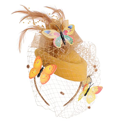 FOMIYES Sombrero de plumas con sombrero de malla para velo de encaje, diadema de novia, con aleta de mariposa, tocado, cóctel, fiesta, para boda, fiesta, oro Cover