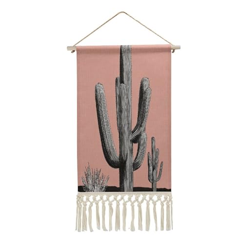 Jubonexis Arazzo da parete in lino, bianco e nero schizzo cactus minimale poster da parete vintage con nappa e asta in legno