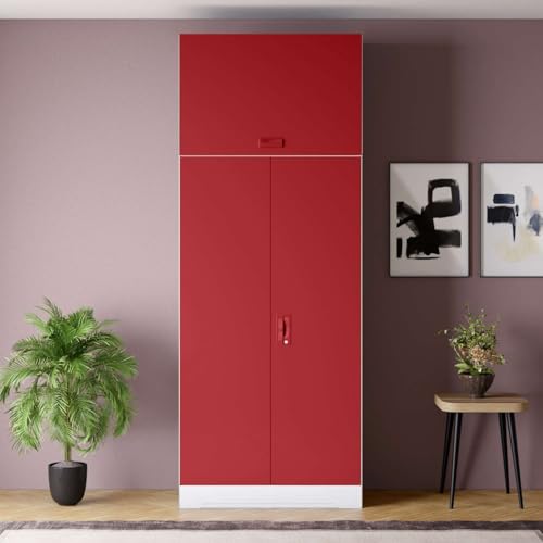 Image of Interio by Godrej Almirah Slimline 2-Door Steel Almirah, Cupboard for Clothes (Royal Ivory and Baked Apple), 1-Year Warranty, 1 Locker, 4 Shelves, Over Head Unit