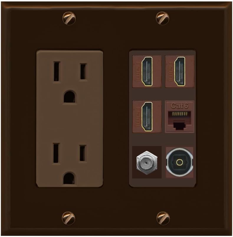 RiteAV 3 Port HDMI 1 Coax TV F-Type Cat6 Ethernet Toslink Optical Wall Plate - Outlet [Brown/Brown]