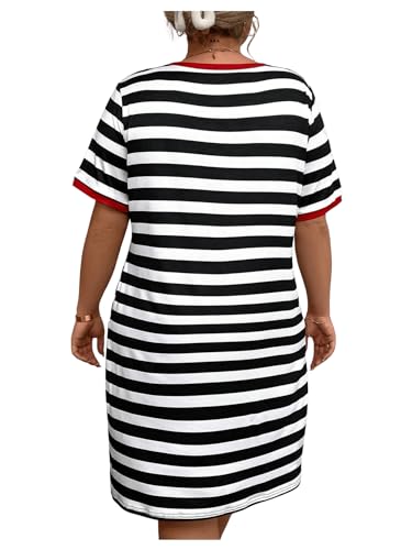 Image of Floerns Women's Plus Size Notched V Neck Stripe Short Sleeve Loose T Shirt Dress