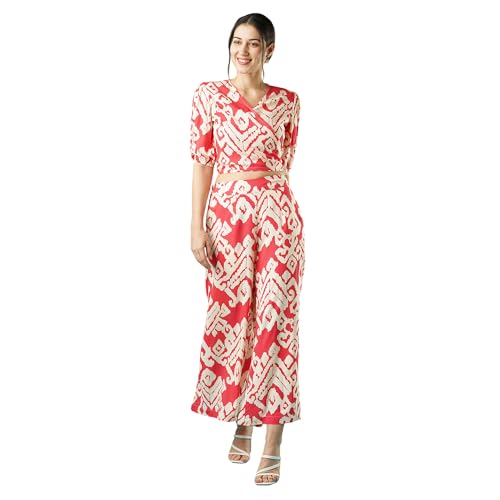 Image of Women Red Abstract Print Wrap Neck Tie-Back Top & Palazzos Co-Ord Set Red M