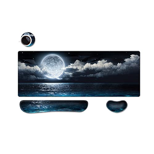 Keyboard Mouse Pad Set,Desk Pad + Keyboard Wrist Rest Support+Wrist Rest, Easy Typing Pain Relief,4Pcs (31.5×11.8 in) Ergonomic XXL Ultra Thick Mousepad Desk Mat Blue Moon