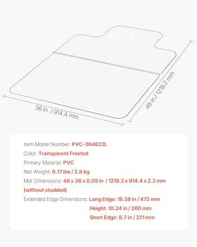 Image of VEVOR Chair Mat with Lip, 36 x 48-inch Office Chair Mat for Low Pile Carpeted Floors, Plastic Floor Protector Rug with Studded, Non-Slip & Easy to Clean, Smooth Glide Under Desk Rug for Home Office
