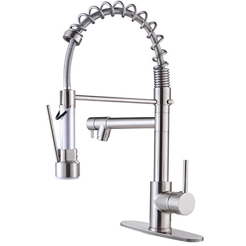 Black Friday Clearance DJS Kitchen Faucet with Pull Down Sprayer, Faucet for Kitchen Sink, High Arch Stainless Steel Single Handle Spring Kitchen Faucets with Deck Plate for 1 or 3 Holes for Sink. (Dual Mode)
