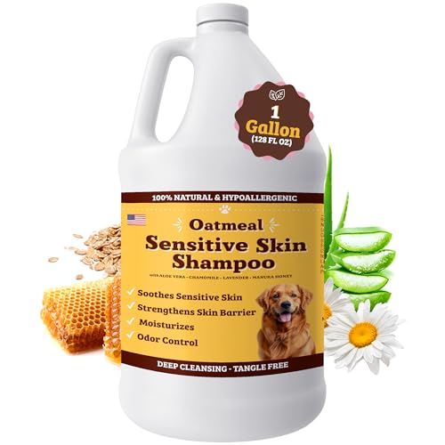 Natural Dog Company Sensitive Skin Dog Shampoo Gallon – 128 oz Oatmeal Hypoallergenic Formula with Aloe, Manuka Honey & Chamomile – Soothes Itchy, Dry, Flaky Skin – Groomer & Multi-Dog Household Size