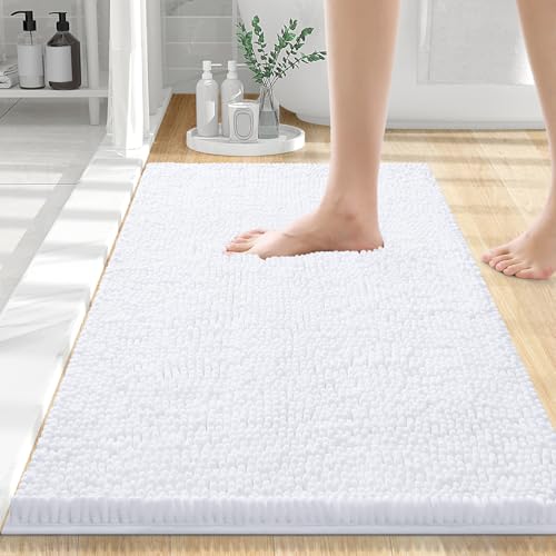 Smiry Luxury Chenille Bathroom Rugs 24x16, Extra Soft and Absorbent Shaggy Bath Mat, Machine Washable, Non-Slip Plush Carpet Runner for Tub, Shower, and Floor, Home Decor Accessories, White