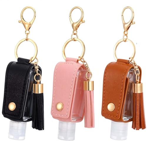 oruola 3 Pcs Hand Sanitiser with Clip 30 ml Hand Sanitiser Keyring Mini Hands Sanitizer Keychain for Travel Lotion Liquid Soap Shampoo (Black Pink Brown)