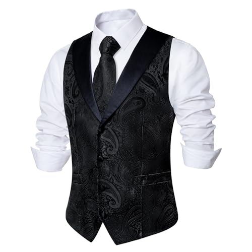 Image of DiBanGu Mens Paisley Suit Vest Silk Jacquard Waistcoat and Necktie Set Formal Shawl Collar Dress Vest 7PCS for Wedding Party