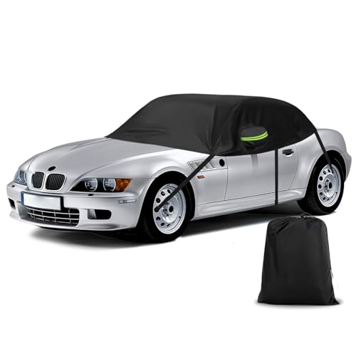 Image of Black Half Car Cover for 1996-2002 BMW Z3 Roadster | Custom Fit for Z3 Soft Top, Weatherproof Sun Protection, Reflective Strips