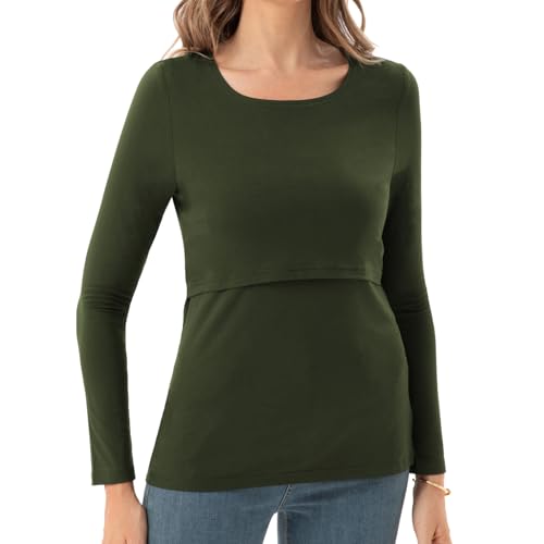 Bearsland Women’s Nursing Shirt Long Sleeve Round Neck Breastfeeding Top, Black & Light Gray & Army Green, M