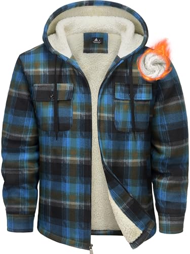 Mens Flannel Hoodie Jacket Fleece Lined Flannel Shirt Plaid Zip Up Sherpa Hooded Sweatshirt Warm Winter Coat