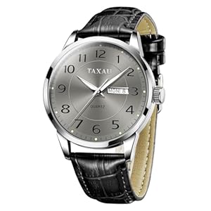 Taxau Mens Watches Leather Strap – Big Face Analog Quartz Dress Watch with Day Date – Waterproof Wrist Lether Watch for Men