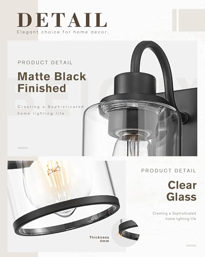 Image of Beionxii 3 Light Matte Black Vanity Light, Bathroom Light Fixtures with Clear Glass Shade, Bathroom Lighting Fixtures Over Mirror, Black Wall Lights for Mirror Living Room, BX-VL01MB-3CG