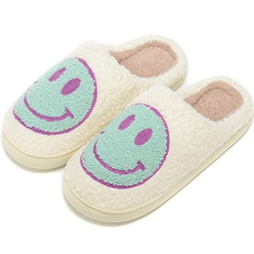 Image of Retro Fuzzy Face Slippers for Women Men, Retro Soft Fluffy Warm Home Non-Slip Couple Style Casual Smile Face Slippers Indoor Outdoor Anti-Skid Warm Cozy Foam Slide Fuzzy Slides with Soft Memory Foam Shoes