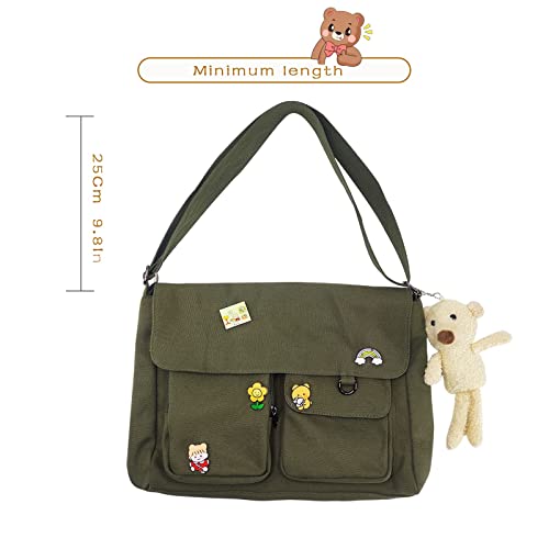 Canvas Crossbody Bag With Kawaii Pins Casual Messenger Bag With Cute Pendant For Girls Women Shoulder Bag (Green) #TOP6