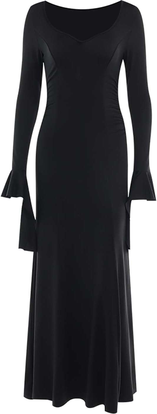 TSMNZMU Gothic Maxi Dresses for Women Dark Style Slim Long Dresses Long Flare Sleeve V-Neck Vintage Evening Dress