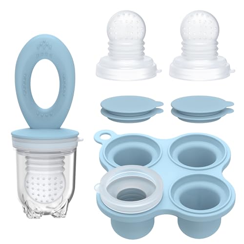 Image of KingKam Breastmilk Popsicle Molds & Baby Food Feeders Set, Baby Fruit Feeder for Teething & Self-Feeding, Baby Food Breast Milk Storage Containers Freezer Tray (Blue)