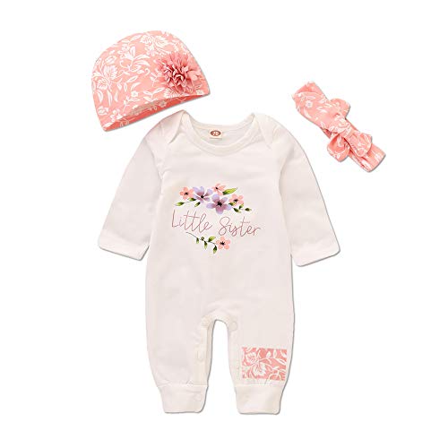 Baby Girl Clothes 3-6 Months Infant Baby Romper Long Sleeve Little Sister Print Floral Headband Overall Onesie Jumpsuit Outfits with Pink Cute Hat for Spring