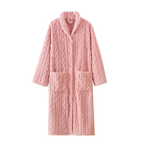 Bata larga de felpa para mujer, bata de baño de forro polar grueso jacquard con botones y bolsillos, acogedora y suave, para invierno, otoño, descanso, spa, cómoda ropa para el hogar, rosa, L