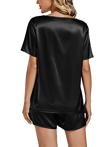 Opoipin Women's Satin Silky Pajamas V Neck Short Sleeve T-Shirt With Shorts Sleepwear Pj Set Black Medium #TOP1