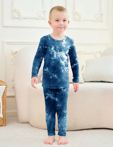 Jimonda Kids Toddler Soft Rayon From Bamboo Pajamas Long Sleeve Boys Girls Sleepwear Outdoor 4pcs Set Tops&Pants Casual Tie Dye Pjs(Navy&Grey,3T) - Thumbnail 2