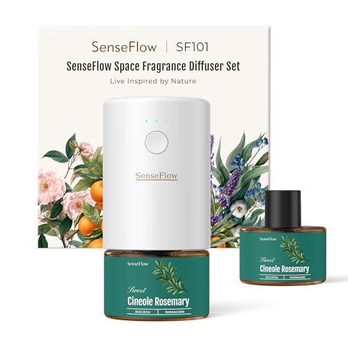 SenseFlow Diffusore di Oli Essenziali SF101 - Ultrasuoni Senza Acqua Profumatore per Ambienti, 100% Vegetale, Aroma 120 Giorni, LED, Ideale per Casa, Hotel e Studio (Rosmarino Cineolo Essenza)