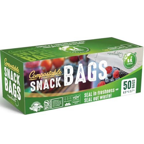UNNI Compostable Snack Bags, Resealable Compostable Food Storage Bags, 50