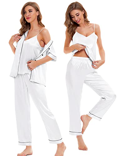 Image of SWOMOG Womens Silk Satin Pajamas Sets 4pcs Sleepwear Sexy Cami Shorts Set and Button Down Short Sleeve Pjs Loungewear