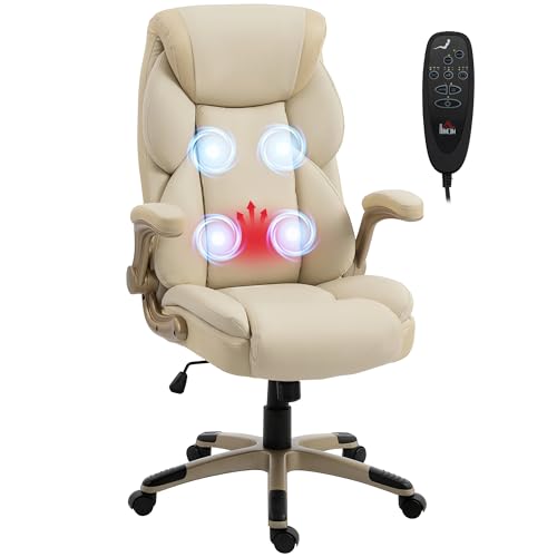 HOMCOM Silla de Oficina con Masaje Vibratorio de 4 Puntos y Calor Lumbar, Silla de Escritorio Giratoria de PU con Brazos Abatibles, Respaldo Alto, Altura Ajustable, Función de Basculante, Crema