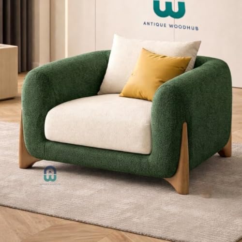 Image of Modern Sofa, Teddy Fabric, Chesterfield Style, Wooden Legs, for Living Room, Bedroom, Hallways (Green-Off White, 3+1+Ottoman)