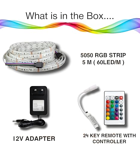 Image of RGB LED Strip Light 5M | 5050 SMD | 60 LEDs /M | 12V Plug & Play Kit with 24-Key IR Remote | Color Changing LED Lights for Room, Gaming Setup, TV, Home Decor(IR - Remote ONLY)