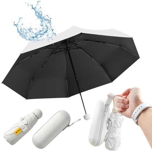UHETLET Weiß Kompakter Regenschirm Sturmfest mit 8 Rippen Taschenschirm Mini Umbrella Pocket Taschenschirme Faltender UV-Regenschirm Minischirm Leicht Mini Schirm Damen Perfekt für Handtasche