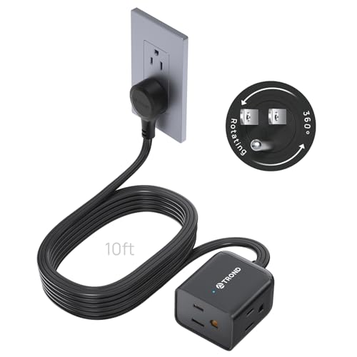TROND 360Â° Rotating Flat Plug Extension Cord 10ft, Low Profile Small Power Strip, 3 Side Grounded Outlet, 13A, SPT 16/3 Gauge Cable for Indoor Home Office Kitchen Cruise Travel Essentials, Black