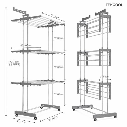 Image of TEKCOOL Foldable Cloth Drying Stand Stainless Steel - 3 Tier Heavy-Duty Clothes Dryer for Balcony, Indoor & Outdoor Use | with Wheels & Hanger Slots | Rust-Proof Laundry Rack (Grey, 3 TIRE)?.