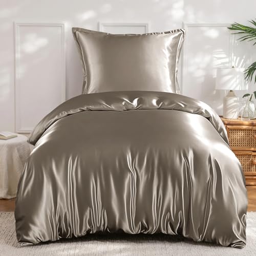RUIKASI Satin Bettwäsche 135x200 Taupe - Seidig Luxus Bettbezug mit Glanz wie Seiden Bettwäsche Set Braun für Haar und Haut Glänzend Bettwäsche 135x200cm mit Reißverschluss und Kissenbezug 80x80cm