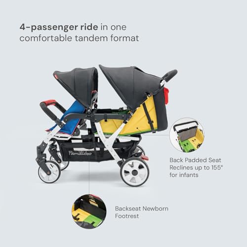 Image of Familidoo H4E Quad Stroller Wagon for Kids, 4-Seater Daycare Baby Stroller with 5-Point Safety Harness, Lightweight & Foldable with All Reclining Seats, Double Canopy & Rain Cover - All-Terrain Wheels