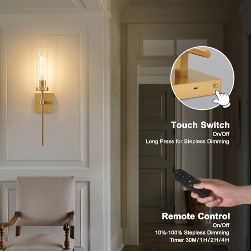 Image of Wireless Wall Sconces with Remote Control, Brushed Gold Battery Operated Wall Sconce Set of 2, Dimmable Rechargeable Wall Decor Lights for Living room Dining room Bathroom Bedroom Hallway Stairwell