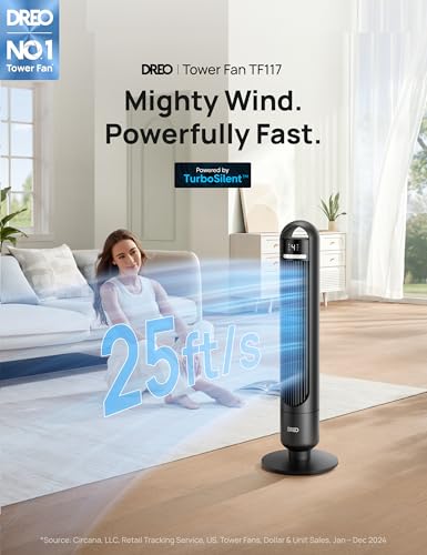 image for Dreo Tower Fan for Bedroom, 90° Oscillating Standing Fans for Room wi